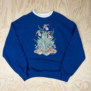 Vintage Morning Sun Floral Sweatshirt Blue Pink Lady Slipper Flowers XL USA Made